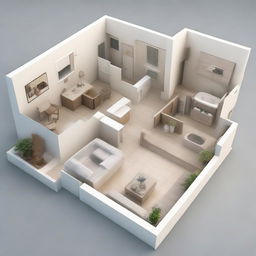 A 3D floor plan of a house with two rooms on the right, a bathroom on the left, a kitchen at the back, and a living area accessible right upon entering the main door.