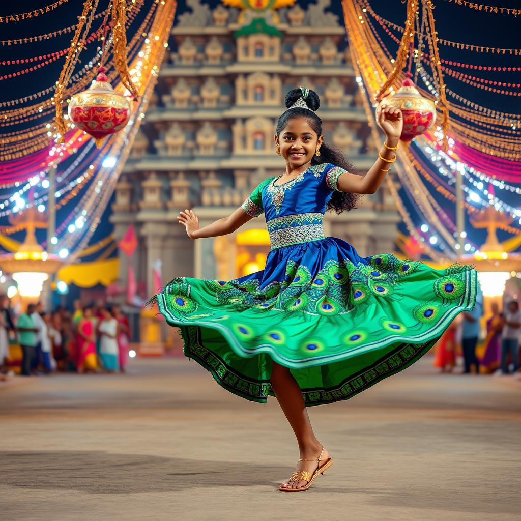 A beautiful Sri Lankan girl dancing the Kavadi, wearing an intricately designed blue and green dress embellished with vibrant peacock feathers