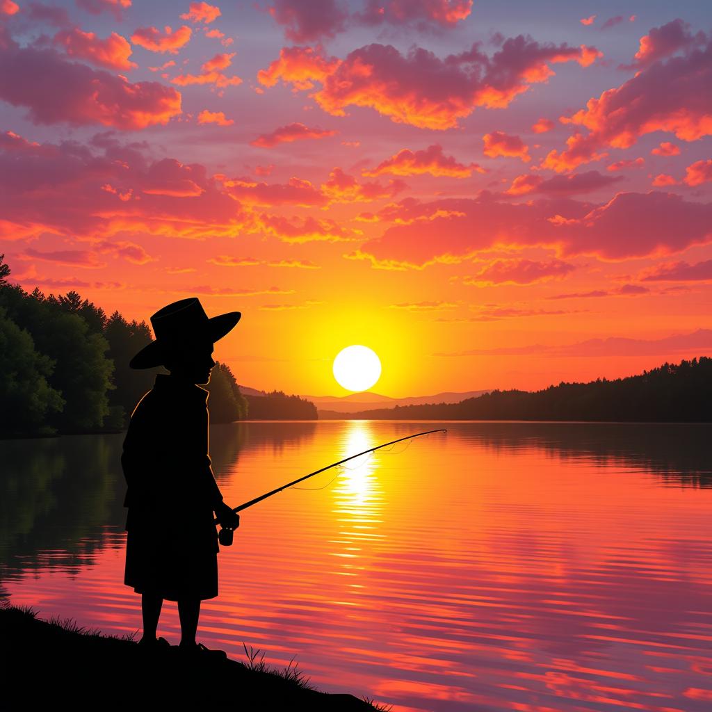 A serene sunset scene over a tranquil lake, featuring vibrant hues of orange, pink, and purple lighting up the sky as the sun sets on the horizon