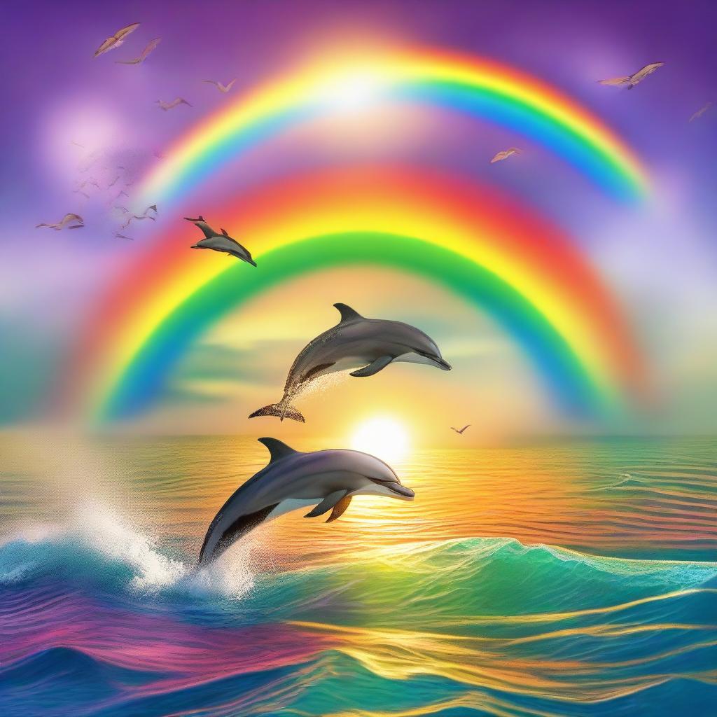 A beautiful sunset over a serene ocean with dolphins breaching the surface, a colorful seabird soaring above, and a vivid rainbow arcing across the sky.