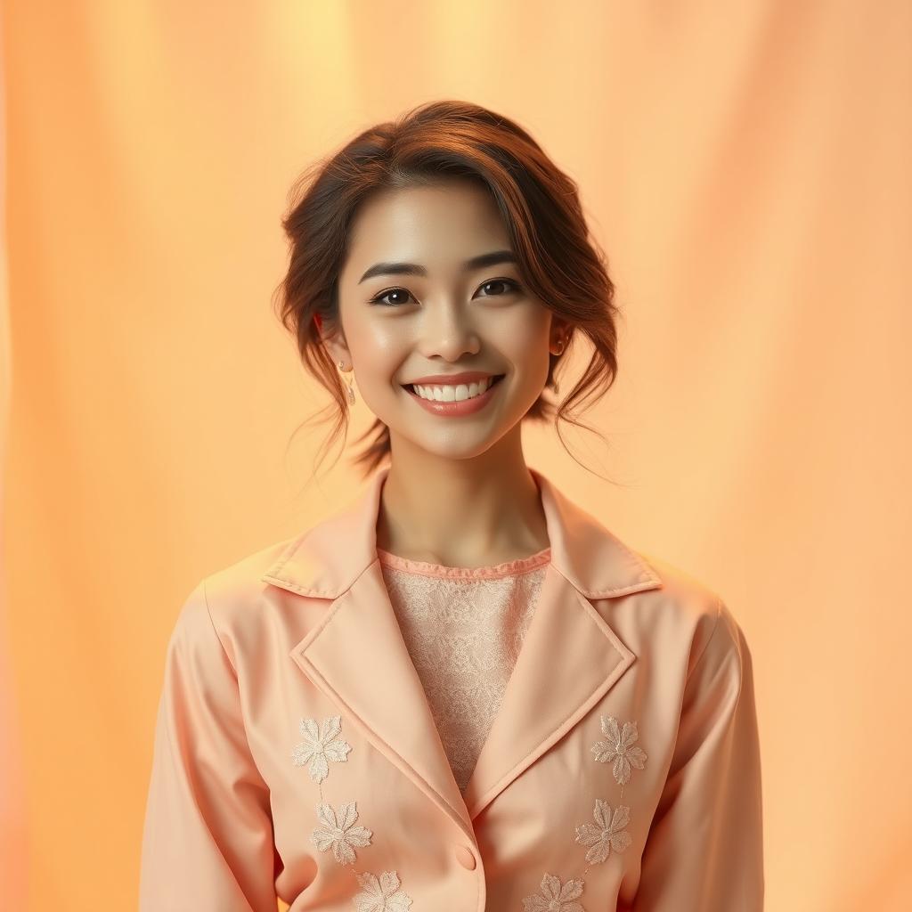 A cute woman wearing peach-colored clothes, styled in a fashionable manner