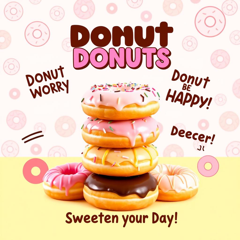 A vibrant and enticing poster advertising a variety of colorful donuts