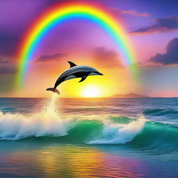 A beautiful sunset over a serene ocean with dolphins breaching the surface, a colorful seabird soaring above, and a vivid rainbow arcing across the sky.