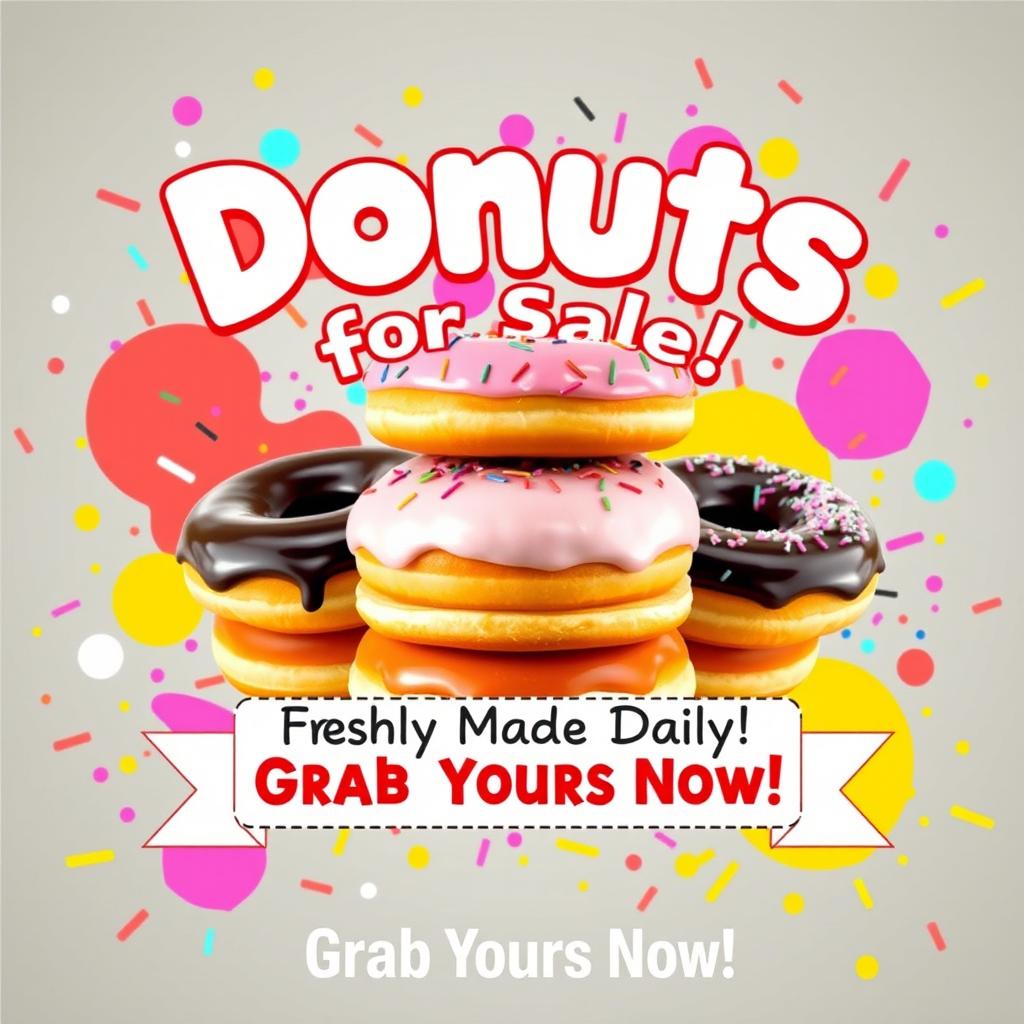 A vibrant and eye-catching poster advertising delicious donuts for sale