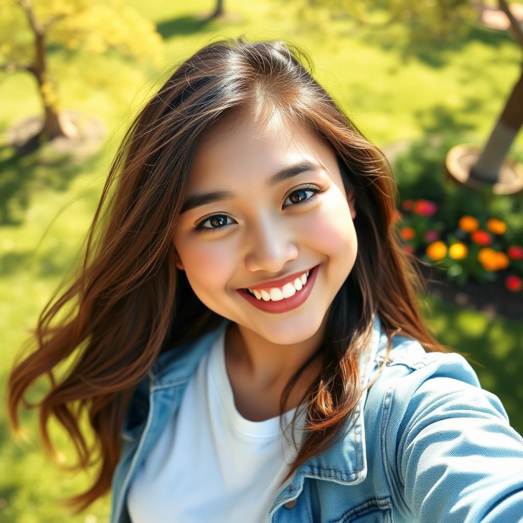 A young woman taking a selfie in a bright, cheerful environment