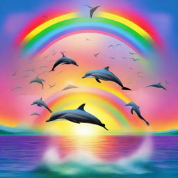 A beautiful sunset over a serene ocean with dolphins breaching the surface, a colorful seabird soaring above, and a vivid rainbow arcing across the sky.