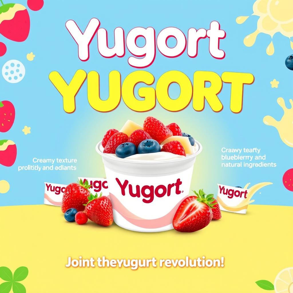 A vibrant and eye-catching poster promoting Yugort, showcasing a selection of yogurts in a variety of flavors such as strawberry, blueberry, and vanilla