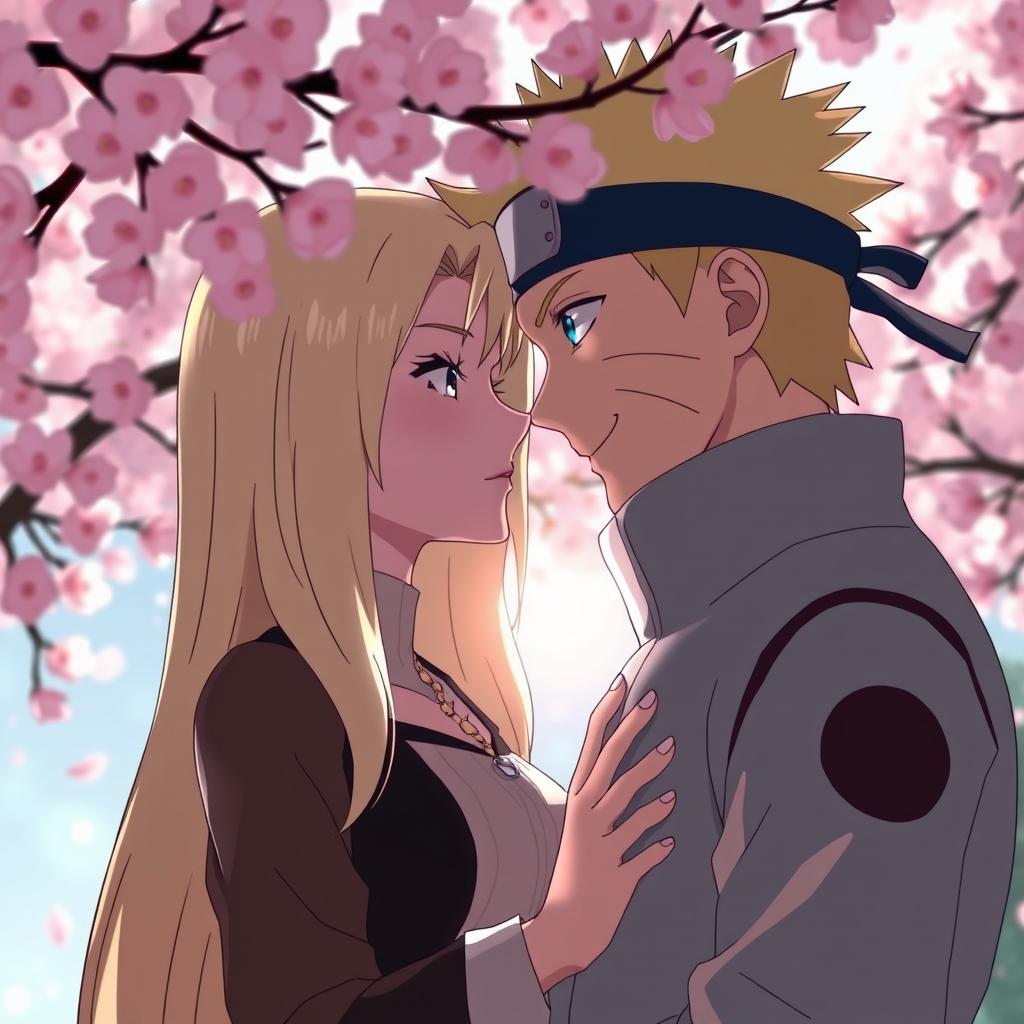 An intimate scene between Tsunade and Naruto from the Naruto universe, depicting a deep emotional connection