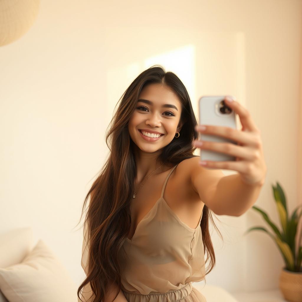 A confident young woman takes a playful selfie in a softly lit room