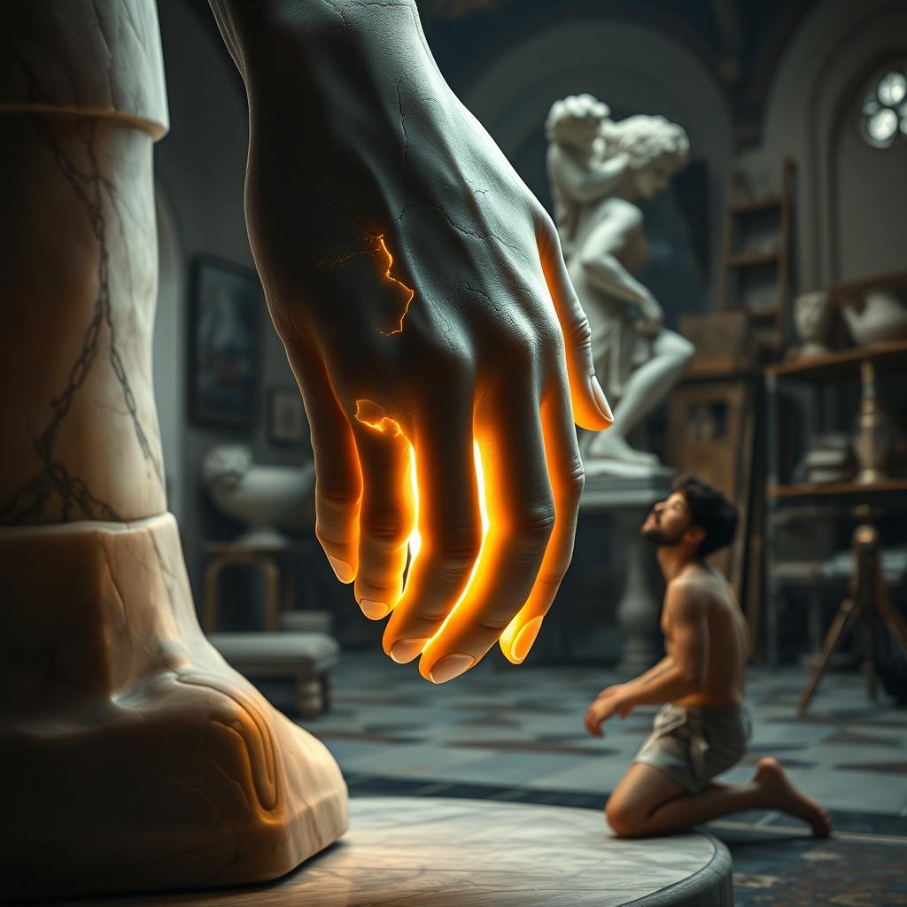 A close-up of Galatea’s hand, transitioning from marble to flesh, showcasing intricate details as the stone cracks and reveals luminous, glowing skin underneath