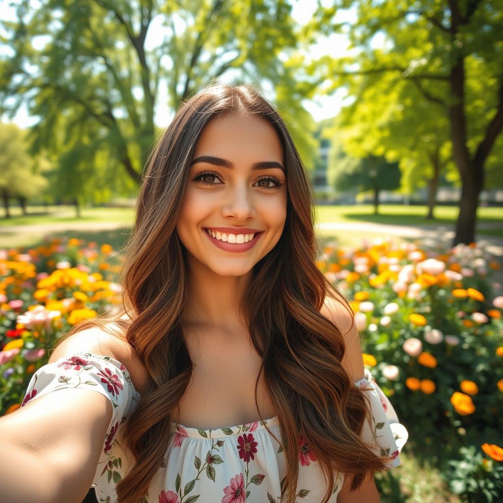 A young woman taking a selfie, smiling brightly at the camera