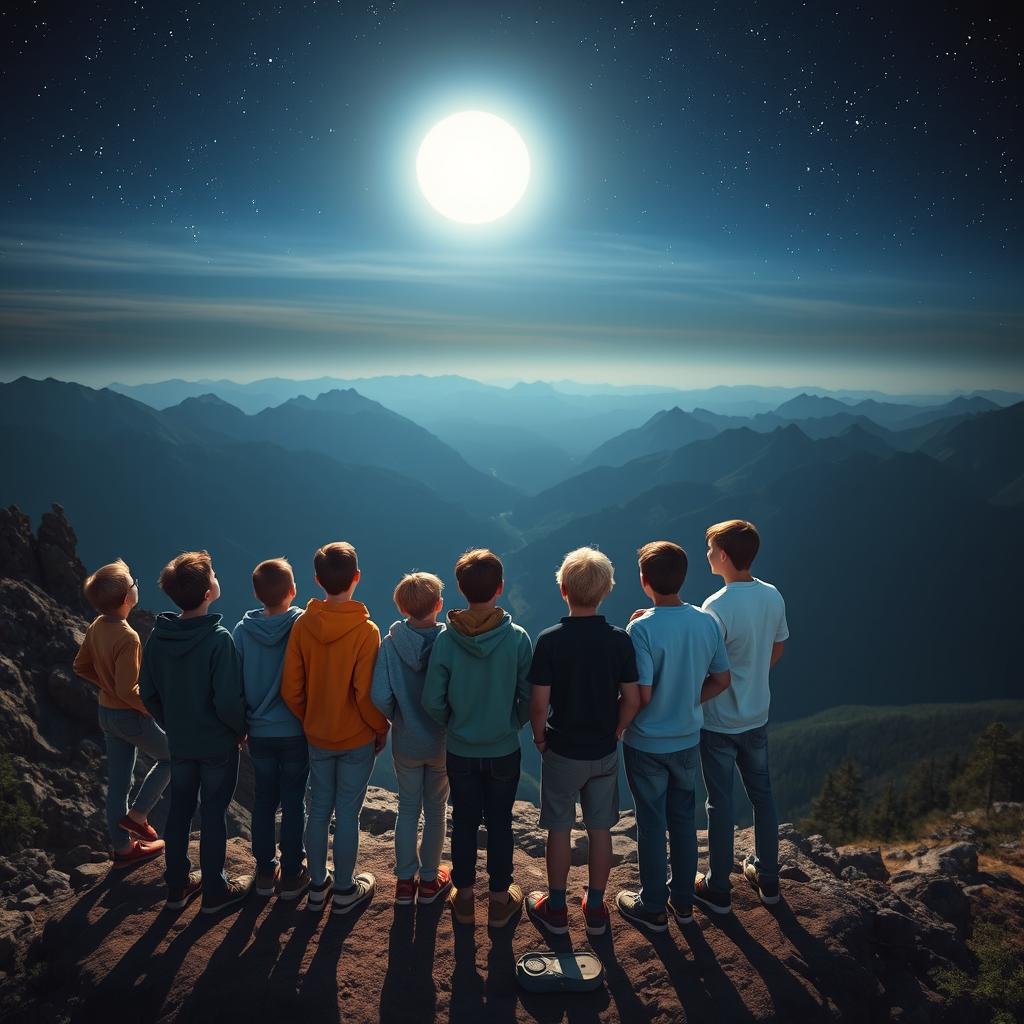 Eleven boys standing at the peak of a majestic mountain under a bright moonlight sky, gazing into a vast valley below