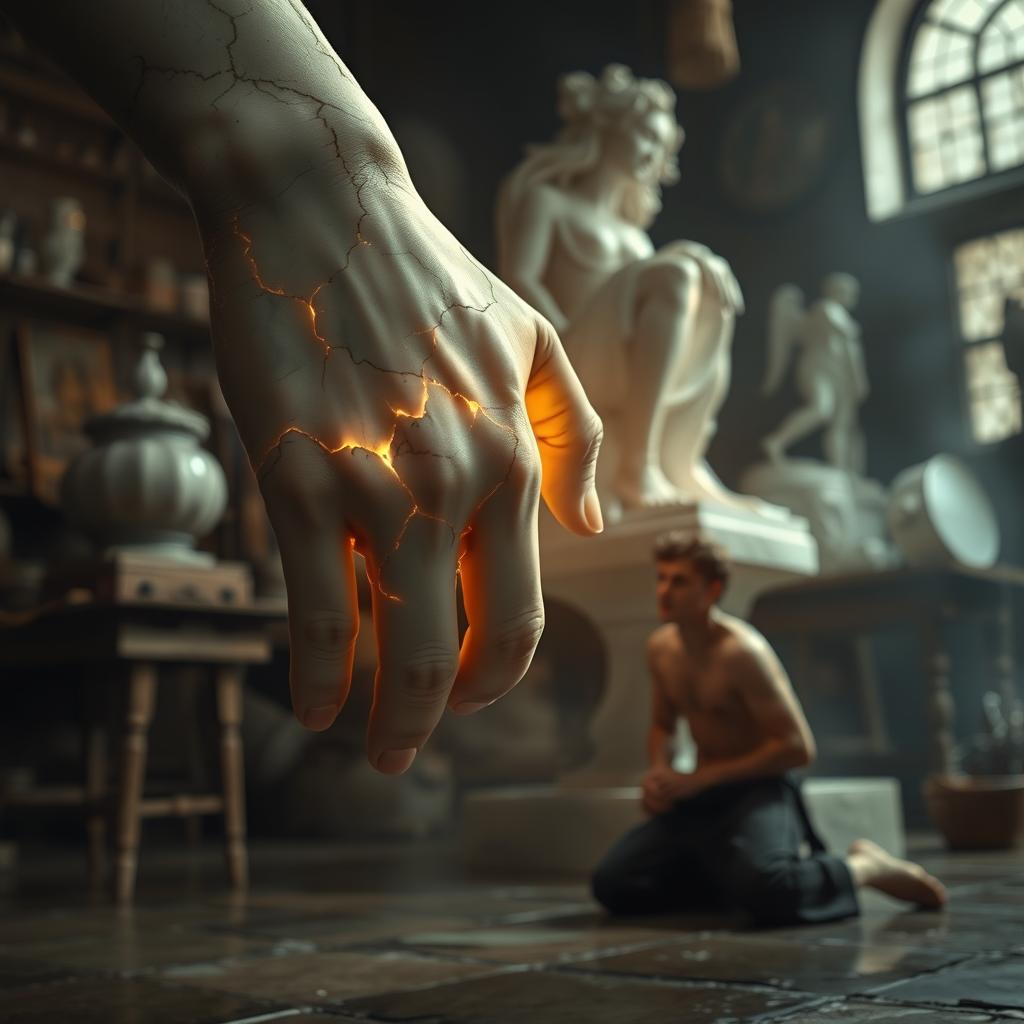A close-up of Galatea's hand as it slowly transforms from marble into flesh, intricately detailed with cracks revealing glowing skin beneath