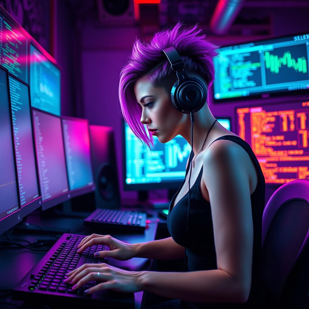 A stylish female hacker in a modern setting, illuminated by the glow of computer screens, with vibrant neon lights reflecting off her sleek black clothing