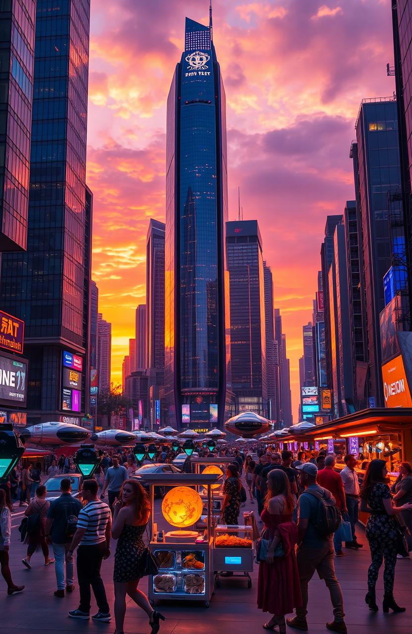 A futuristic cityscape at sunset, showcasing sleek skyscrapers with bright neon lights, bustling streets filled with hover vehicles, and pedestrians in cybernetic attire