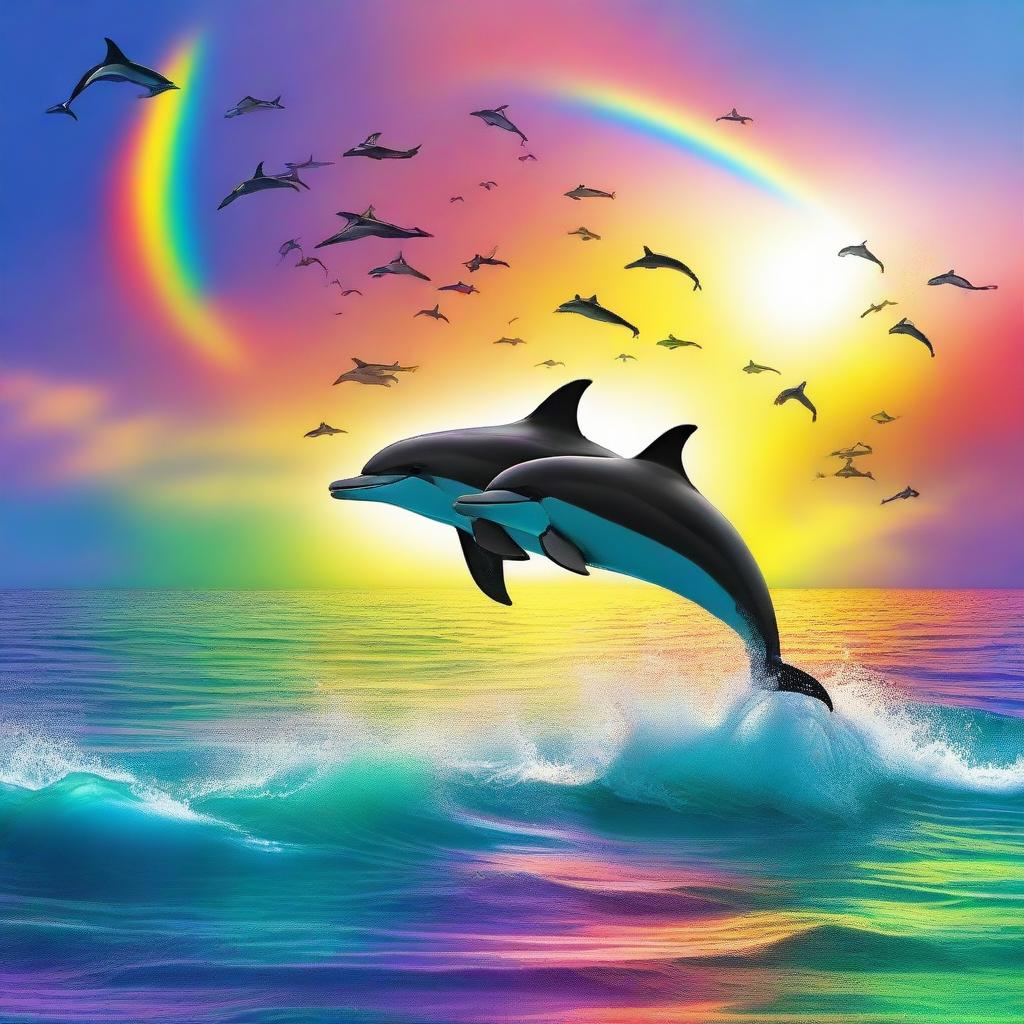 A beautiful sunset over a serene ocean with dolphins breaching the surface, a colorful seabird soaring above, and a vivid rainbow arcing across the sky.