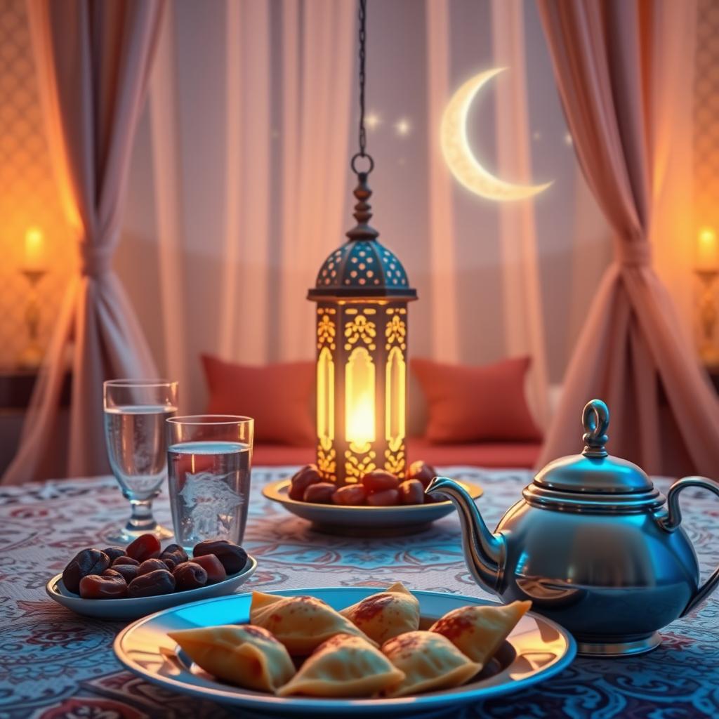 A beautifully decorated Ramadan setting featuring a traditional lantern (Fanoos) glowing radiantly, surrounded by dates and a glass of water on a decorative tablecloth