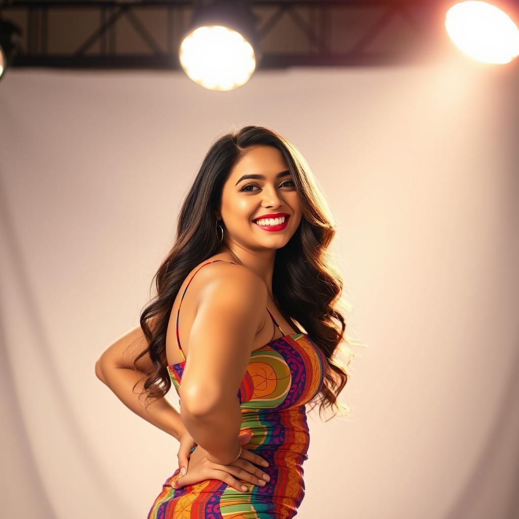 A playful and curvy beauty posing confidently under bright studio lights, emphasizing her figure and radiant smile