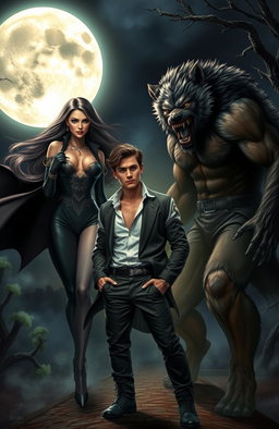 A dramatic fantasy scene depicting a handsome young man in a stylish contemporary outfit, torn between two worlds as he stands at a mystical crossroads under a full moon
