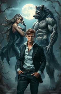 A dramatic fantasy scene depicting a handsome young man in a stylish contemporary outfit, torn between two worlds as he stands at a mystical crossroads under a full moon
