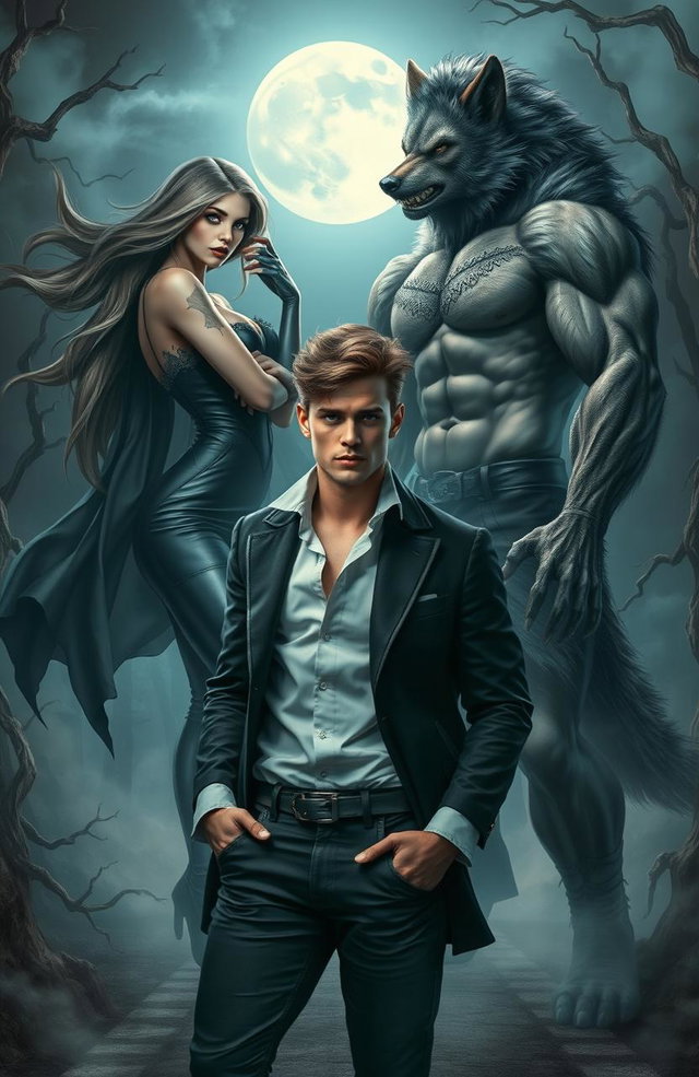 A dramatic fantasy scene depicting a handsome young man in a stylish contemporary outfit, torn between two worlds as he stands at a mystical crossroads under a full moon