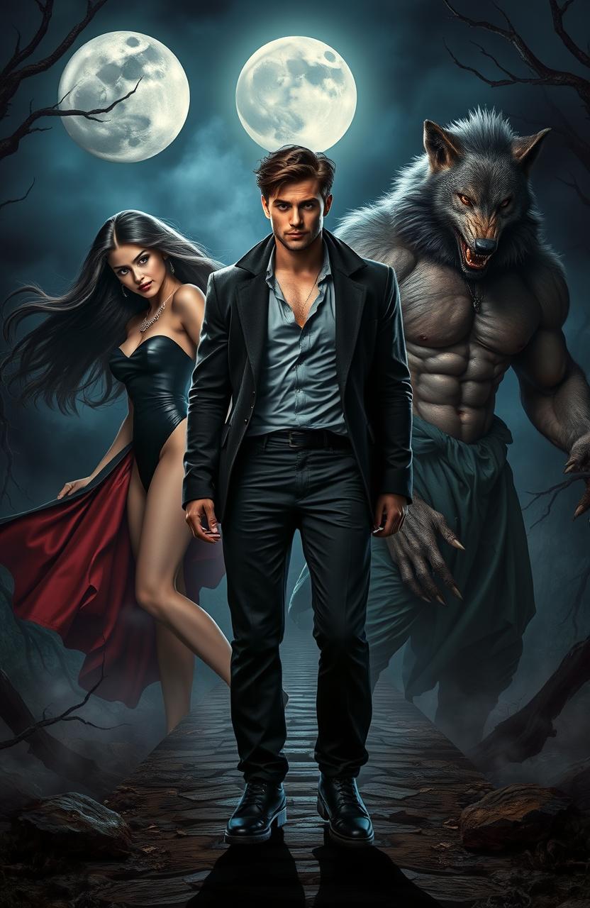 A dramatic fantasy scene depicting a handsome young man in a stylish contemporary outfit, torn between two worlds as he stands at a mystical crossroads under a full moon