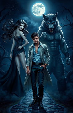 A dramatic fantasy scene depicting a handsome young man in a stylish contemporary outfit, torn between two worlds as he stands at a mystical crossroads under a full moon