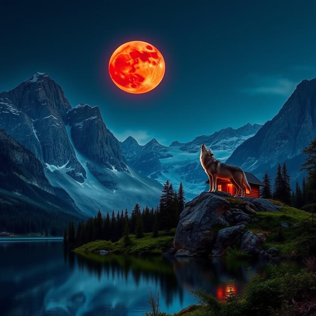 A breathtaking landscape featuring majestic mountains towering over a serene lake, illuminated by a striking red moon hanging low in the night sky