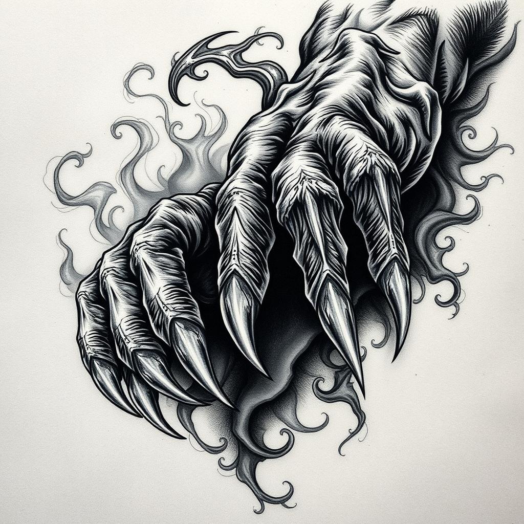 A detailed tattoo design featuring sharp, menacing claws extending outward, gripping fiercely onto a surface, adorned with intricate details