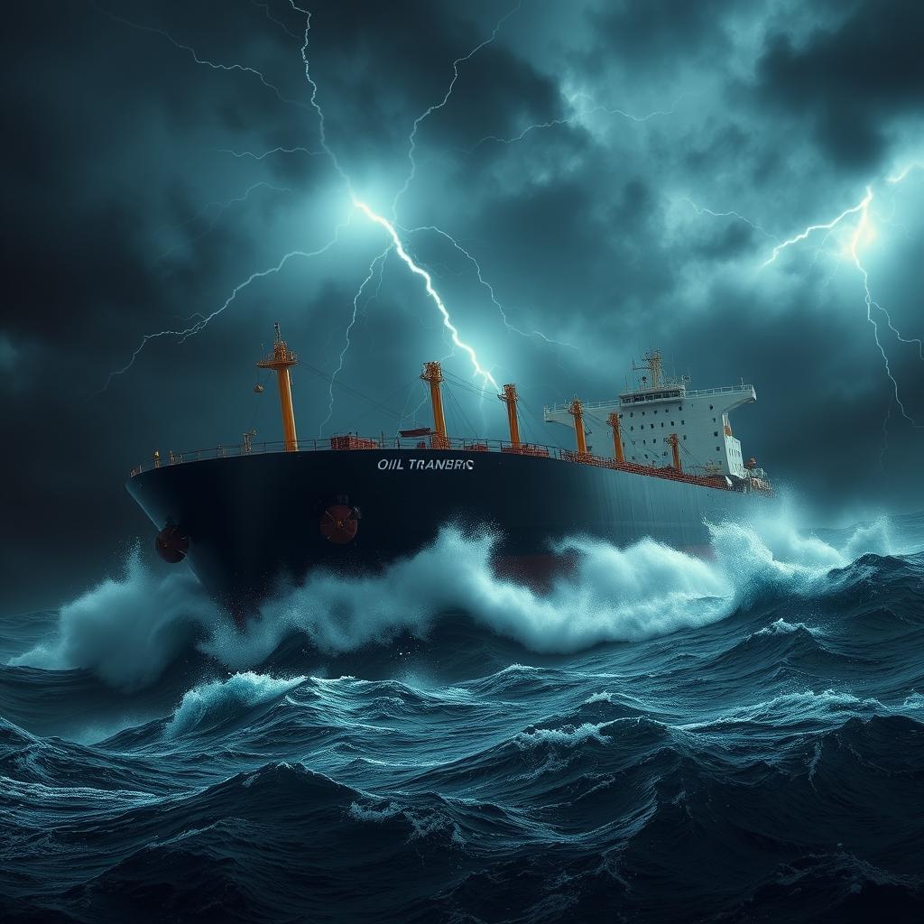 A massive oil tanker battling through a fierce storm at sea, with enormous waves crashing violently against its hull, highlighting the struggle against nature