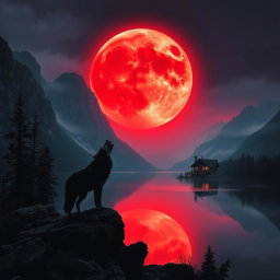 A captivating landscape featuring towering mountains surrounding a tranquil lake, dominated by a striking red moon that incorporates menacing fangs, enhancing its eerie allure
