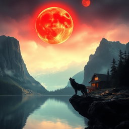 A captivating landscape featuring towering mountains surrounding a tranquil lake, dominated by a striking red moon that incorporates menacing fangs, enhancing its eerie allure