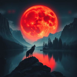 A captivating landscape featuring towering mountains surrounding a tranquil lake, dominated by a striking red moon that incorporates menacing fangs, enhancing its eerie allure