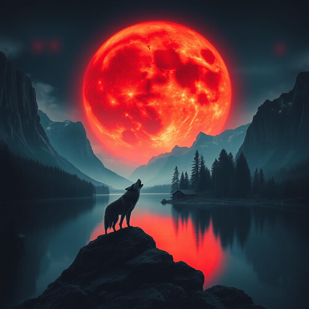 A captivating landscape featuring towering mountains surrounding a tranquil lake, dominated by a striking red moon that incorporates menacing fangs, enhancing its eerie allure