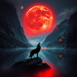 A captivating landscape featuring towering mountains surrounding a tranquil lake, dominated by a striking red moon that incorporates menacing fangs, enhancing its eerie allure