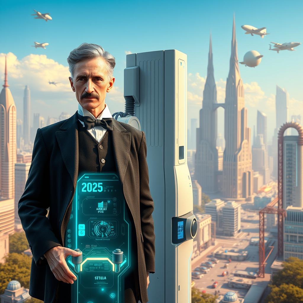 A futuristic depiction of Nikola Tesla standing beside an advanced power transformer in the year 2025