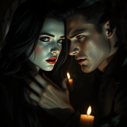 A captivating scene featuring a strikingly beautiful vampire girl with pale skin and long, flowing dark hair, her eyes glowing with an enchanting allure