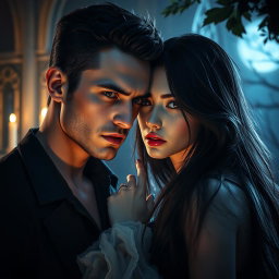 A captivating scene featuring a strikingly beautiful vampire girl with pale skin and long, flowing dark hair, her eyes glowing with an enchanting allure