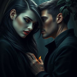 A captivating scene featuring a strikingly beautiful vampire girl with pale skin and long, flowing dark hair, her eyes glowing with an enchanting allure
