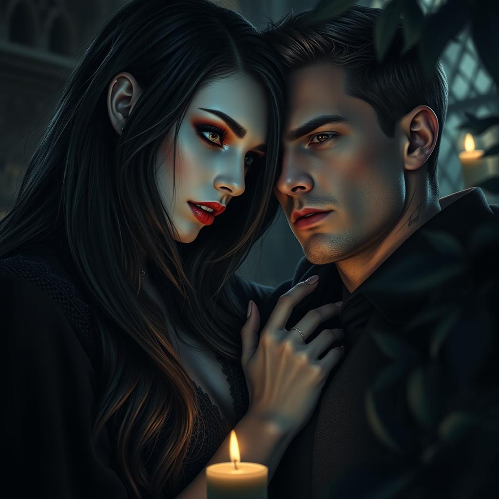 A captivating scene featuring a strikingly beautiful vampire girl with pale skin and long, flowing dark hair, her eyes glowing with an enchanting allure