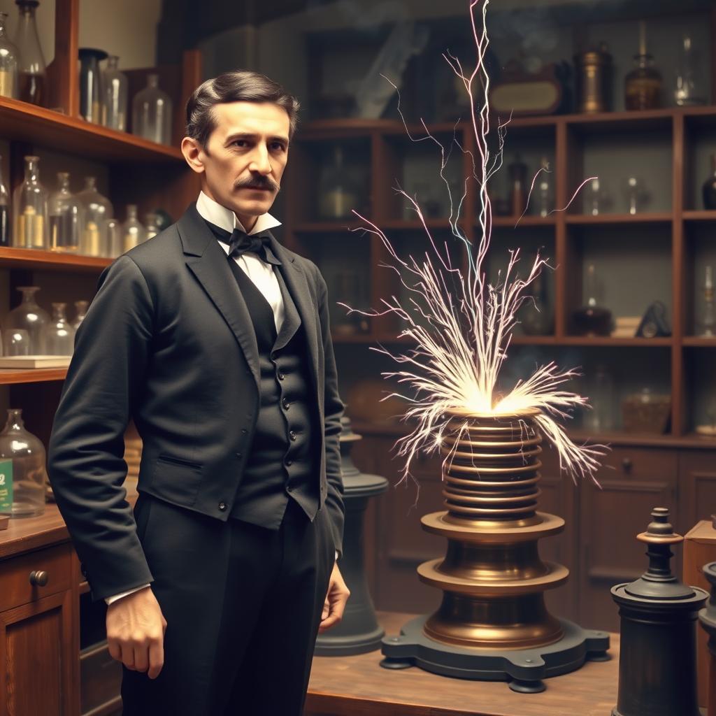 A historical scene depicting Nikola Tesla in 1868, standing proudly beside a Tesla coil in a vintage laboratory setting