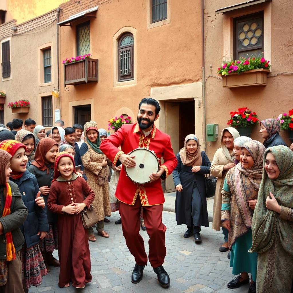 A man in a vibrant traditional red costume, complete with striking black face paint and holding a tambourine, joyfully dancing on the picturesque cobblestone streets of 1960s Iran