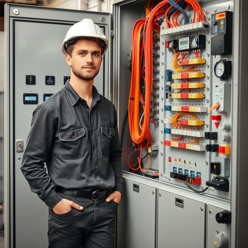 A young male electrical engineer stands confidently beside a large electrical panel filled with fuses and wires