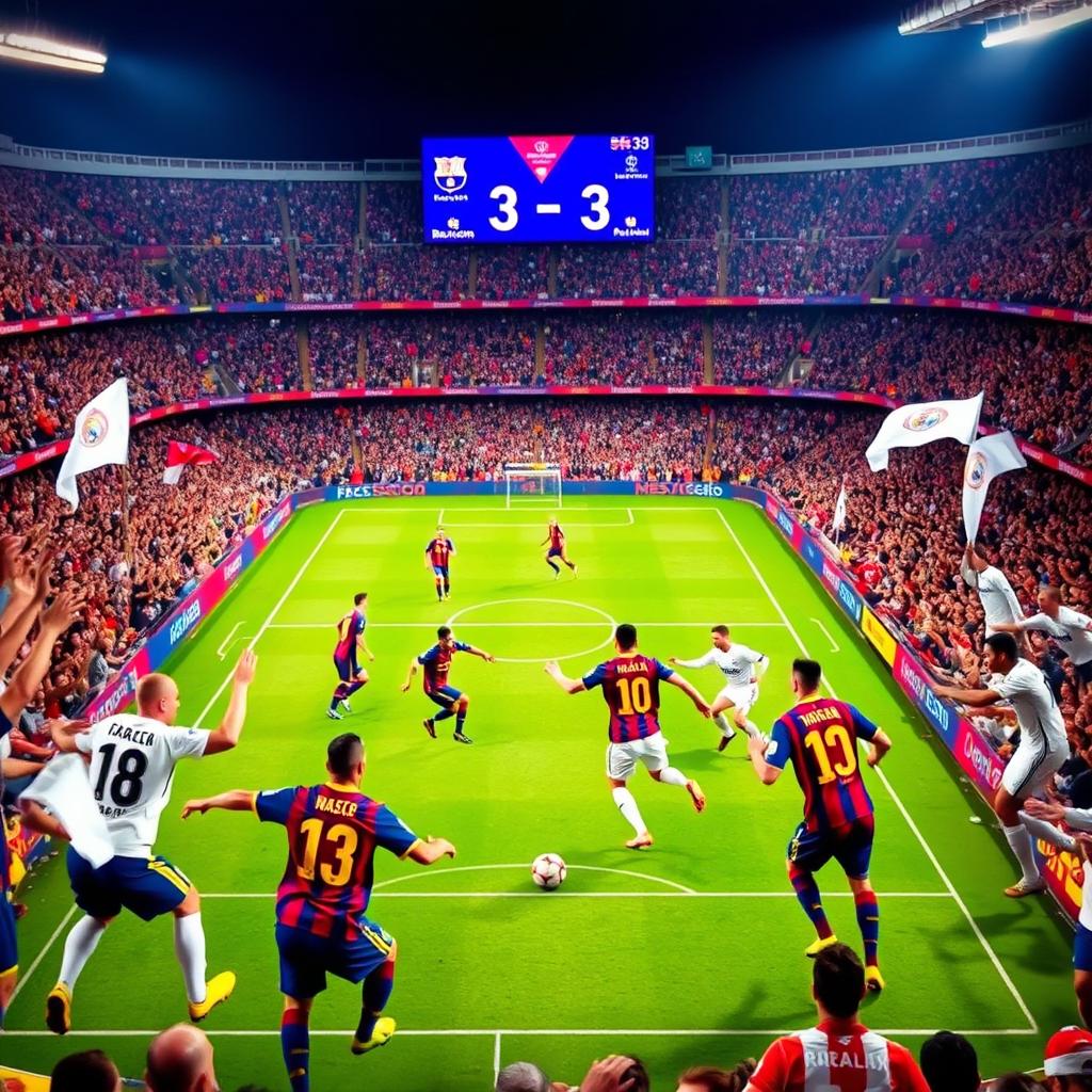 A thrilling El Clásico football match at Camp Nou, with vibrant energy all around