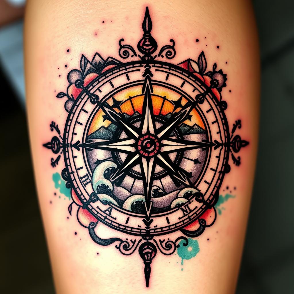 A beautifully designed compass tattoo featuring intricate details, showcasing the cardinal directions with ornate embellishments