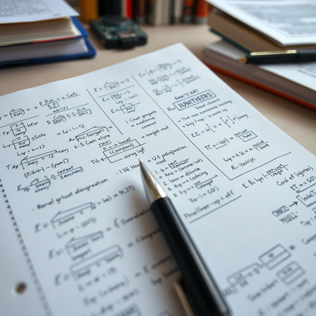 A close-up shot of a sheet of paper filled with detailed engineering electricity formulas, equations, and diagrams