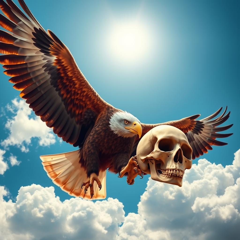 A majestic eagle soaring through a clear blue sky, clutching a human skull in its powerful claws
