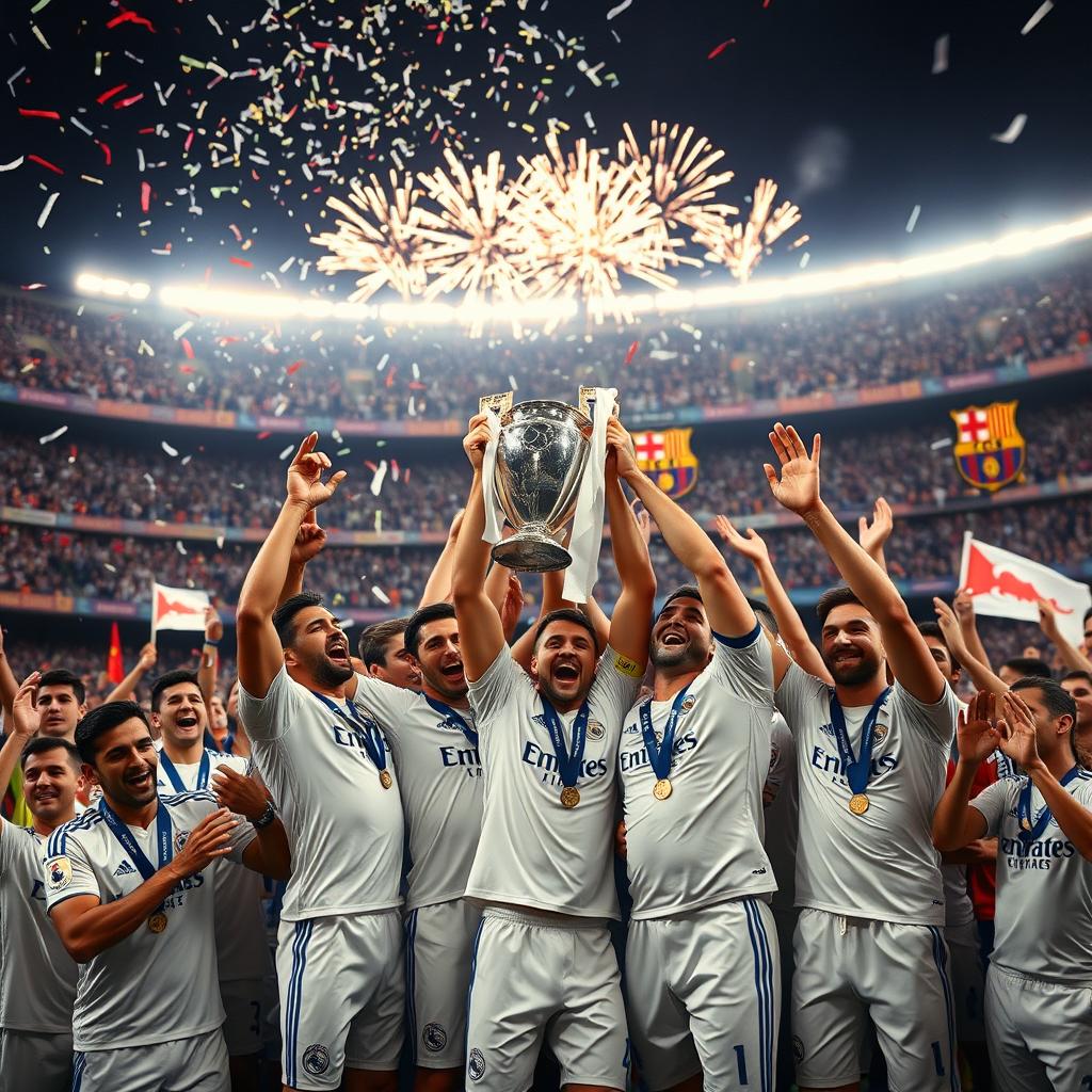 A vibrant and dynamic celebration scene depicting Real Madrid players jubilantly lifting the La Liga trophy at the iconic Camp Nou stadium in Barcelona