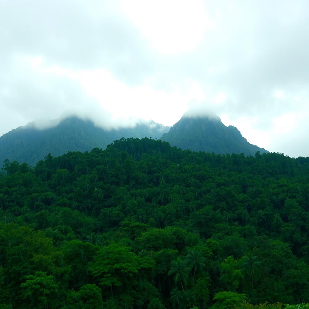 A picturesque view of mountains brimming with lush, green forests, captured from a short distance away