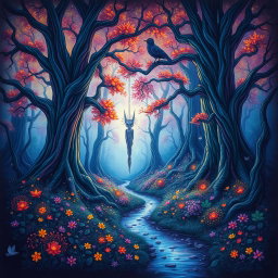 A vivid and intricate drawing of a mystical forest, featuring towering ancient trees with vibrant, luminescent leaves